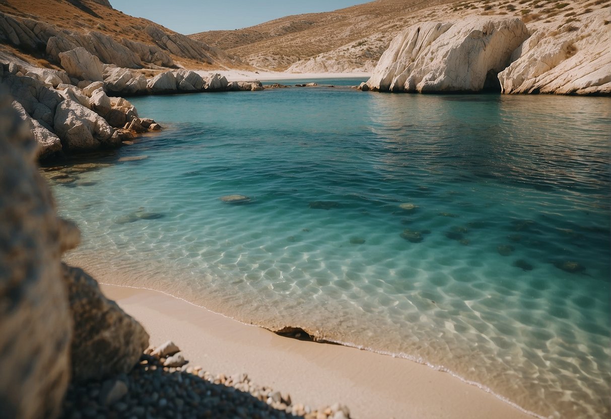 A sandy beach on Pag Island with crystal-clear waters and rocky cliffs in the background