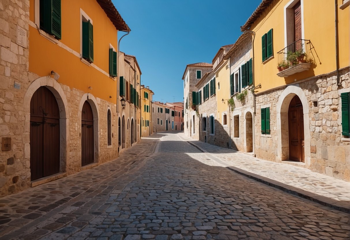 Colorful traditional buildings line the cobblestone streets, with a backdrop of the crystal-clear Adriatic Sea and a vibrant blue sky above