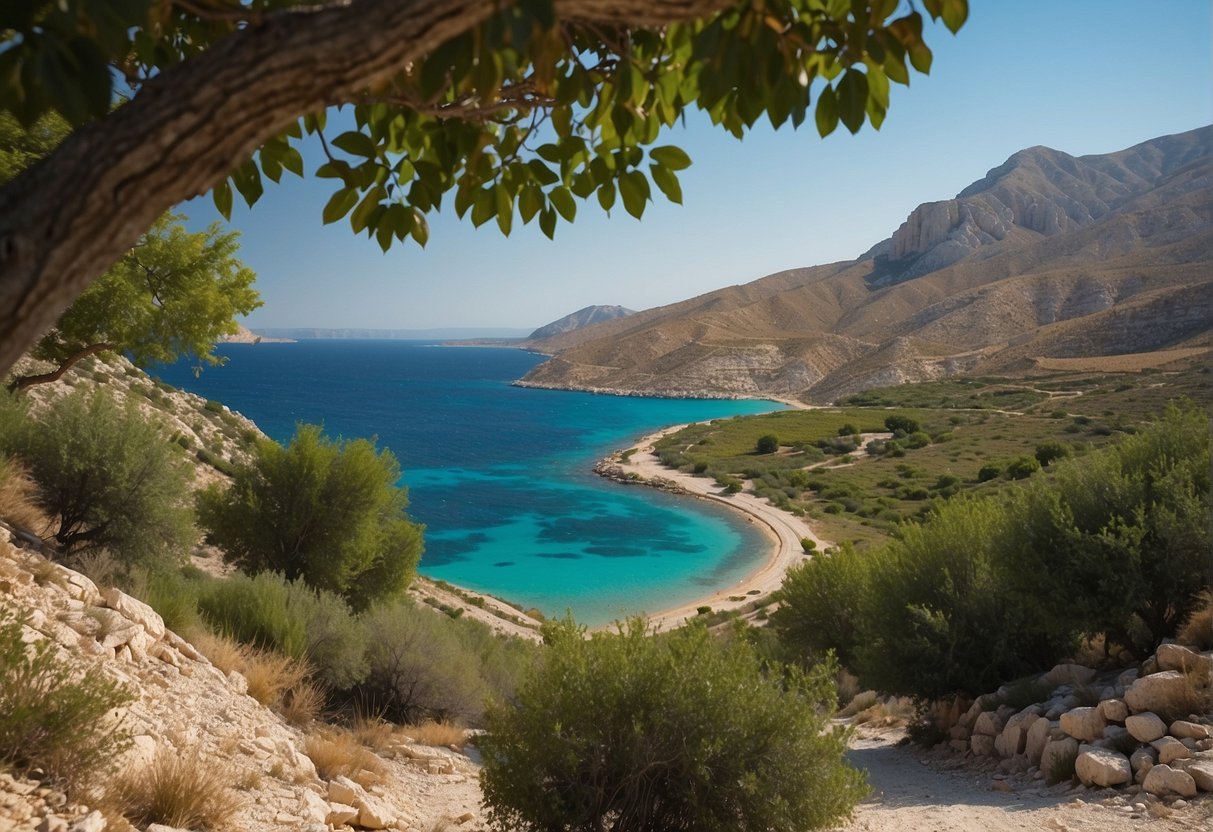 A scenic view of the Pag island with clear blue waters, rugged coastline, and lush greenery