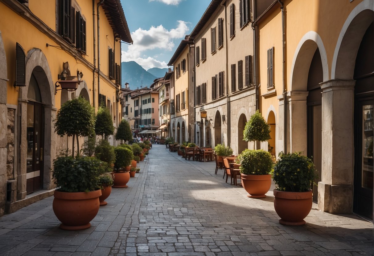 A bustling street in Lecco, filled with colorful museums and galleries, showcasing a variety of art and cultural exhibits