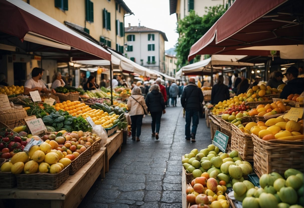 A bustling market with colorful produce and local delicacies in Lecco. Busy shoppers explore the stalls filled with fresh fruits, cheeses, and artisanal goods