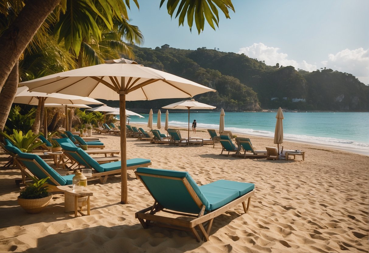 The scene depicts a tranquil beach with clear blue waters, golden sand, and lush greenery. Sun loungers and umbrellas are scattered along the shore, and a small beach bar offers refreshments