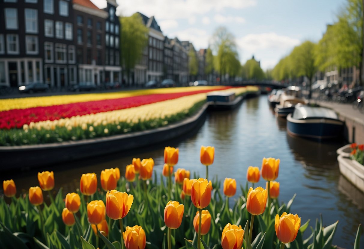 Colorful tulip fields and windmills line the canal in Amsterdam. Tourists stroll along the cobblestone streets, passing by historic buildings and charming cafes