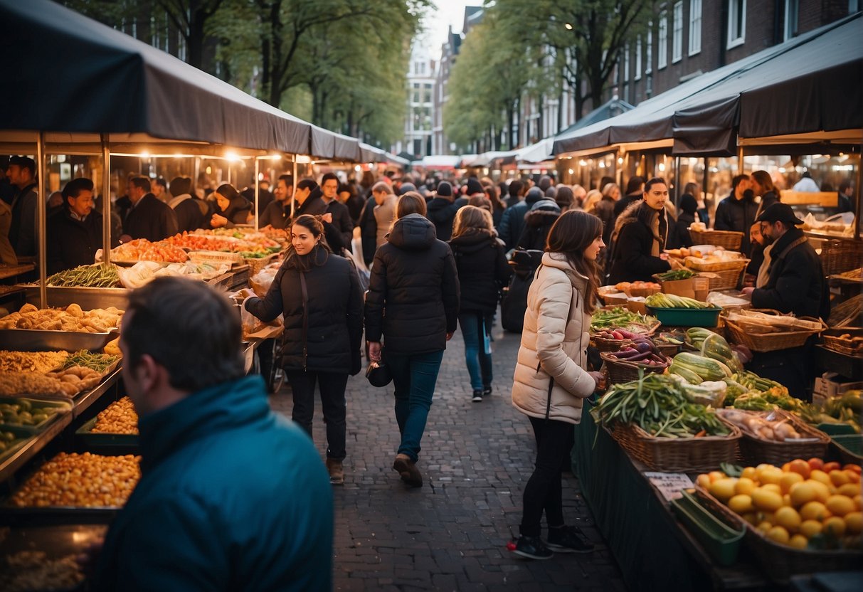 Busy outdoor market in Amsterdam, filled with colorful food stalls and bustling crowds. A variety of international cuisines on display