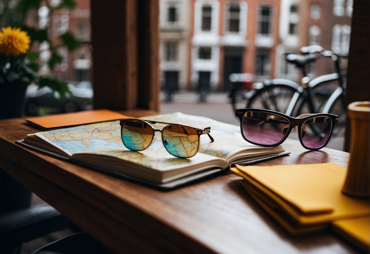 A map and guidebook lay open on a table, surrounded by colorful postcards and a pair of sunglasses. A bicycle leans against the wall, ready for exploring the streets of Amsterdam