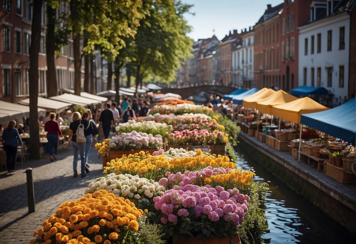 Colorful tents line the canal, filled with vendors selling flowers, cheese, and souvenirs. People stroll along the cobblestone streets, enjoying live music and street performances