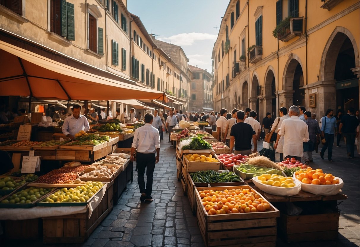 A bustling market in Piza, with colorful stalls and lively shoppers, surrounded by historic buildings and picturesque scenery
