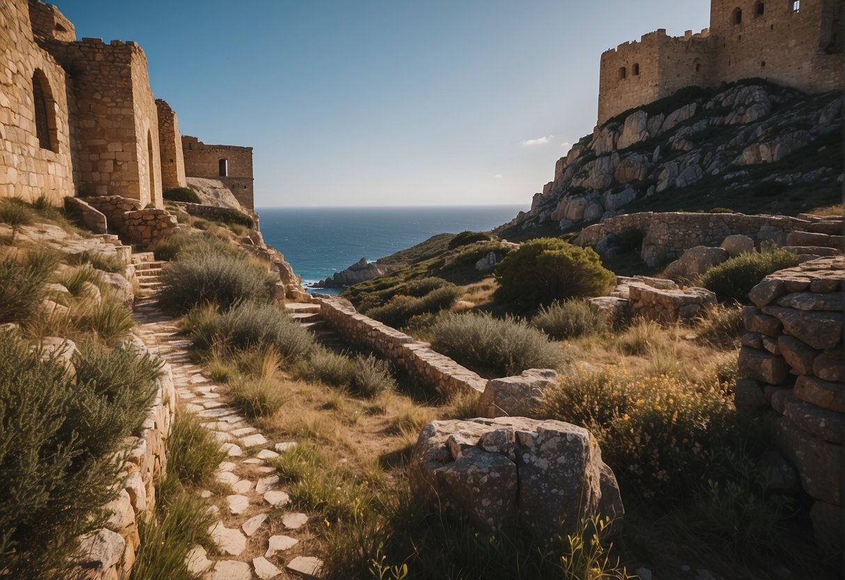 Ancient ruins and traditional villages in northern Sardinia. A medieval castle overlooks the rugged coastline, while a vibrant market bustles with locals and tourists