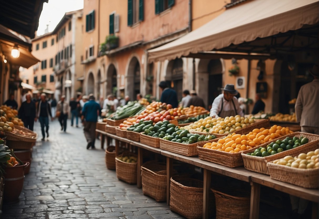 A bustling Italian marketplace with colorful stalls and historic architecture