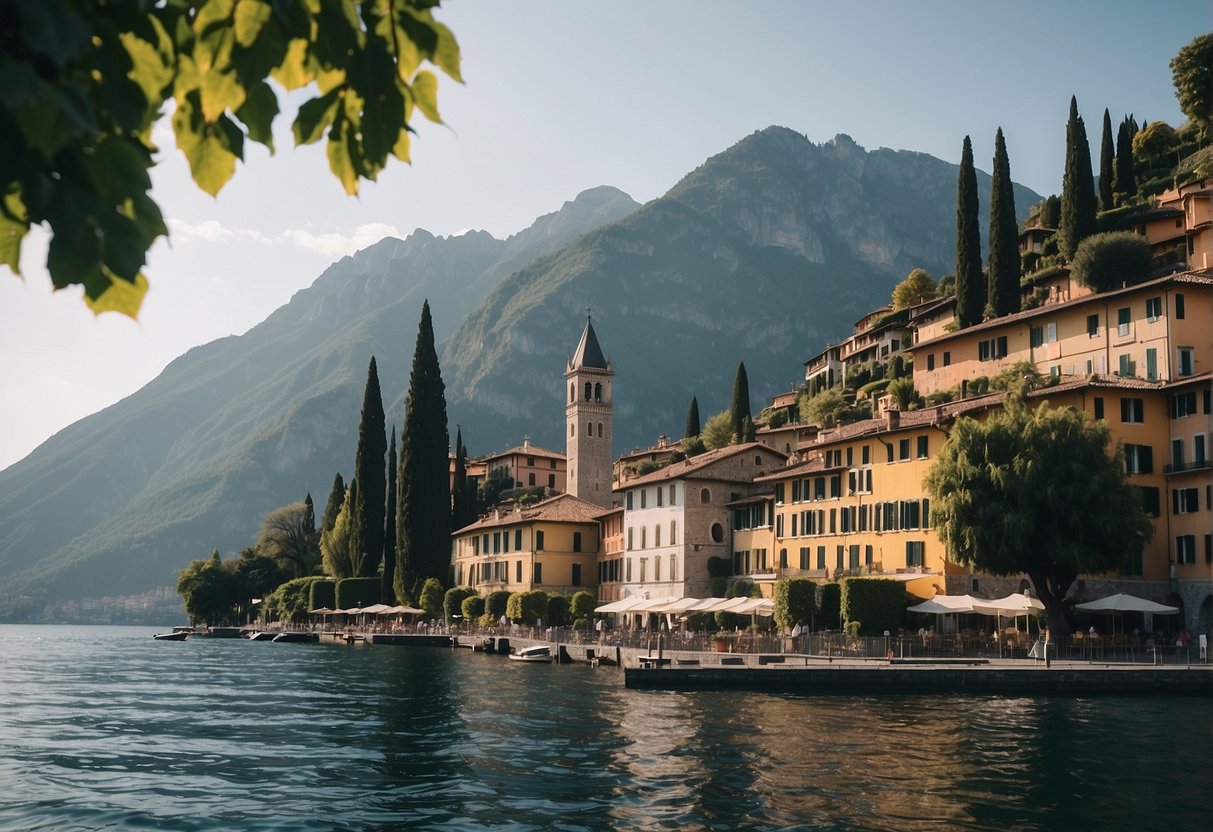 Ancient buildings line the shores of Lake Como in Varenna, Italy. The picturesque scene includes historic landmarks and the tranquil waters of the lake
