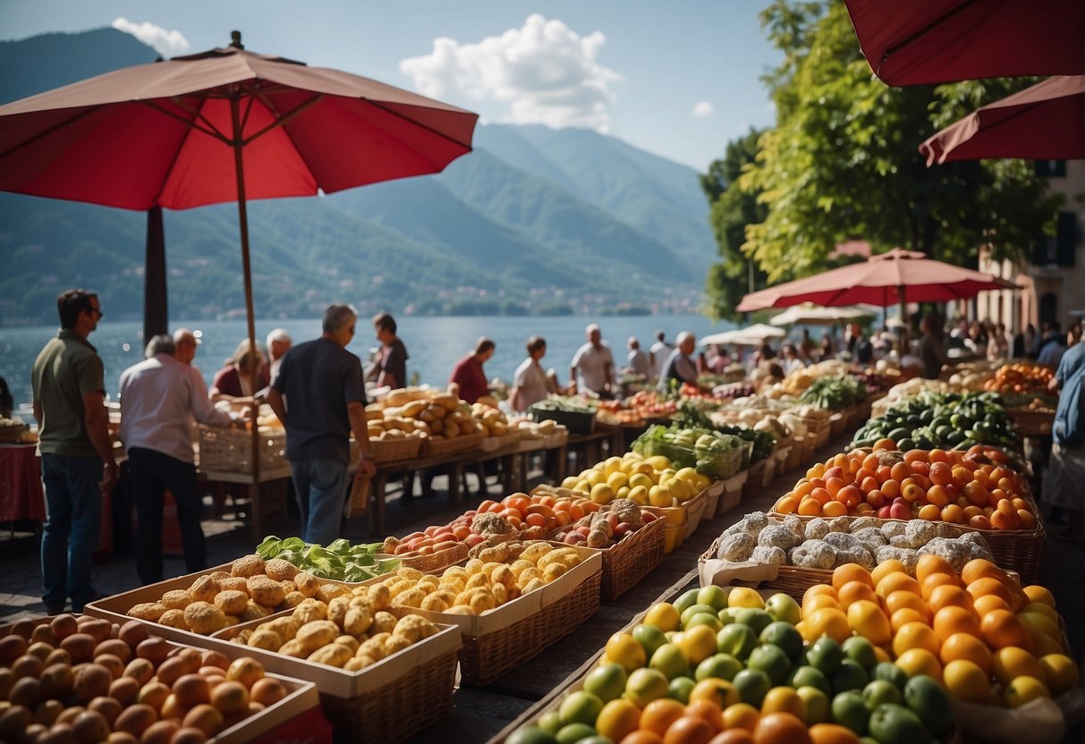 A bustling market in Varenna, overlooking Lake Como, with colorful stalls selling local gastronomic delights and bustling shoppers