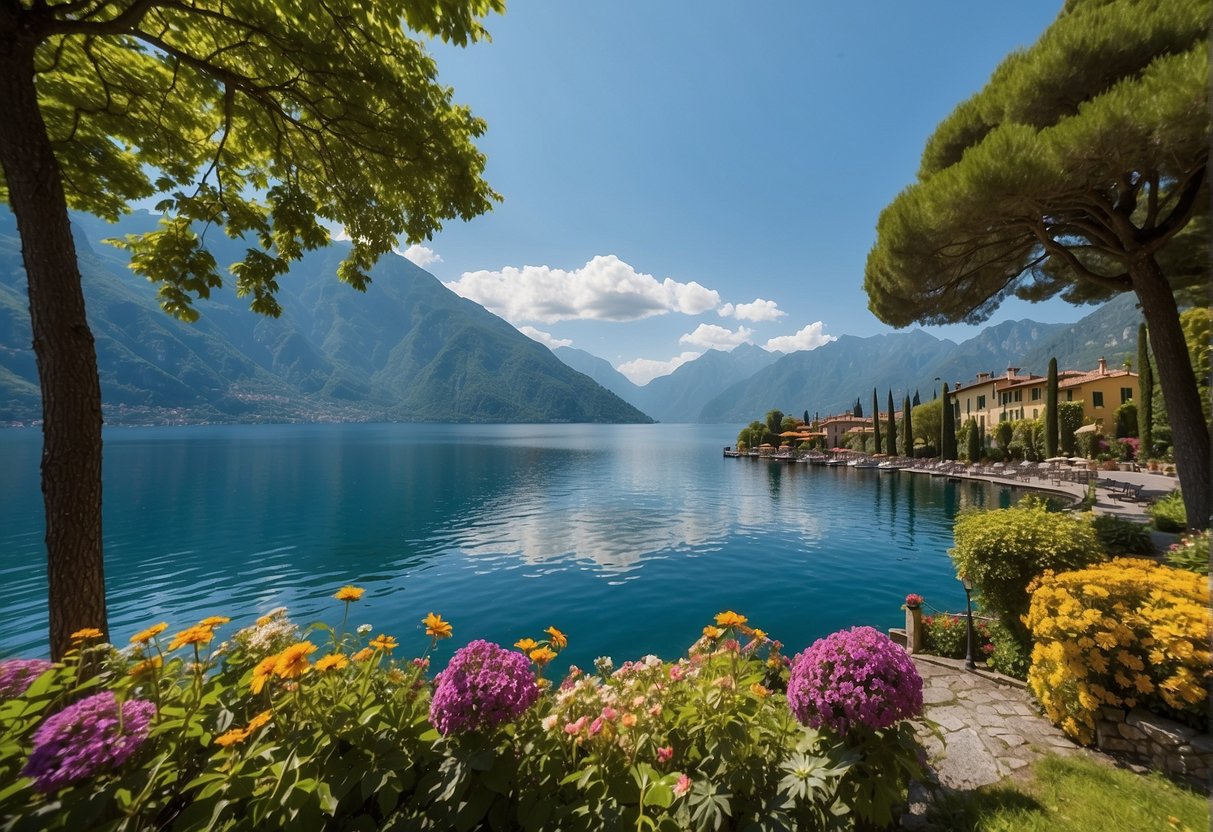 A serene lake with lush greenery and colorful flowers in Varenna, Lake Como. Majestic mountains in the distance and a clear blue sky above