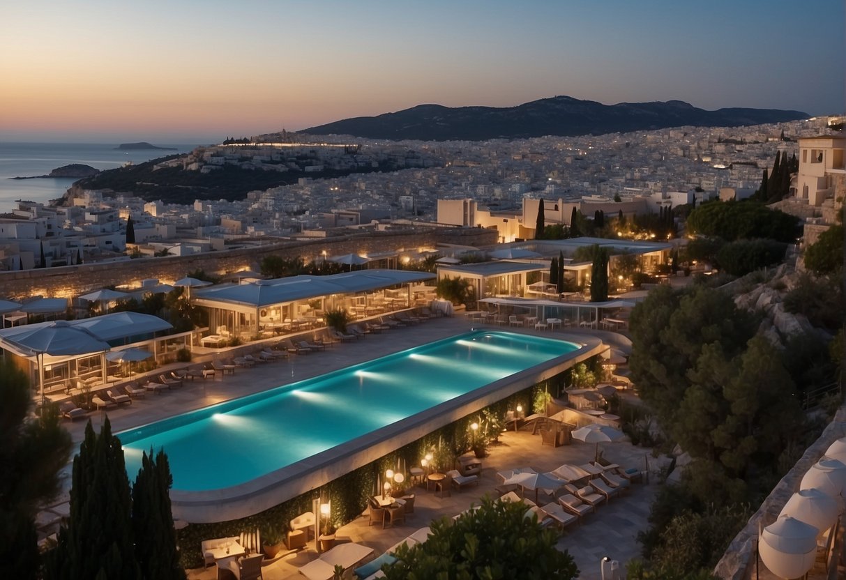 A panoramic view of hotels lining the coast in Athens, with the sparkling sea in the background