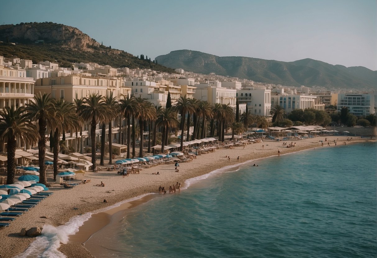 A seaside scene in Athens with hotels and palm trees lining the coast