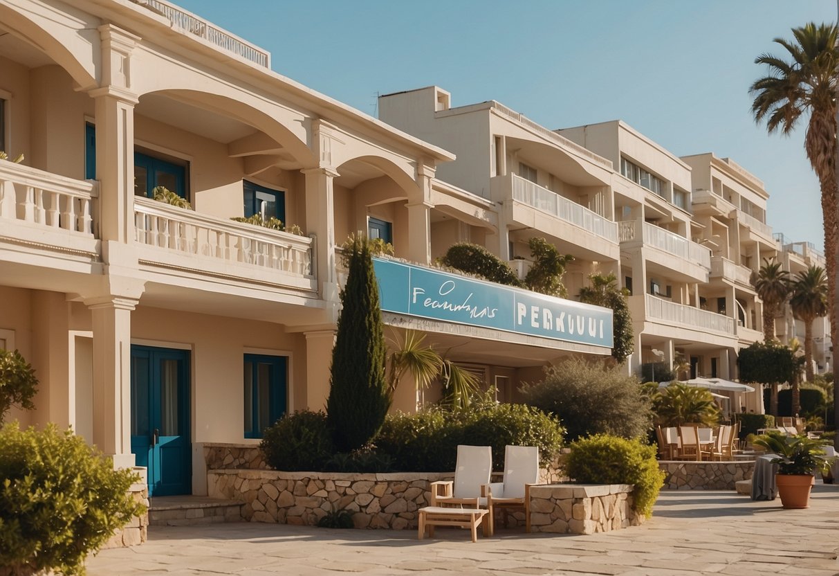 A beachfront hotel in Athens with a sign reading "Frequently Asked Questions" in bold letters. Waves crash on the shore in the background