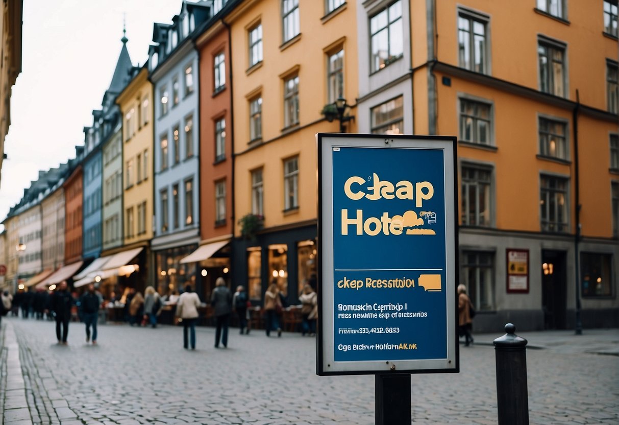 A bustling street in Stockholm with colorful buildings and a sign advertising "Cheap Hotels and Reservations" in Polish
