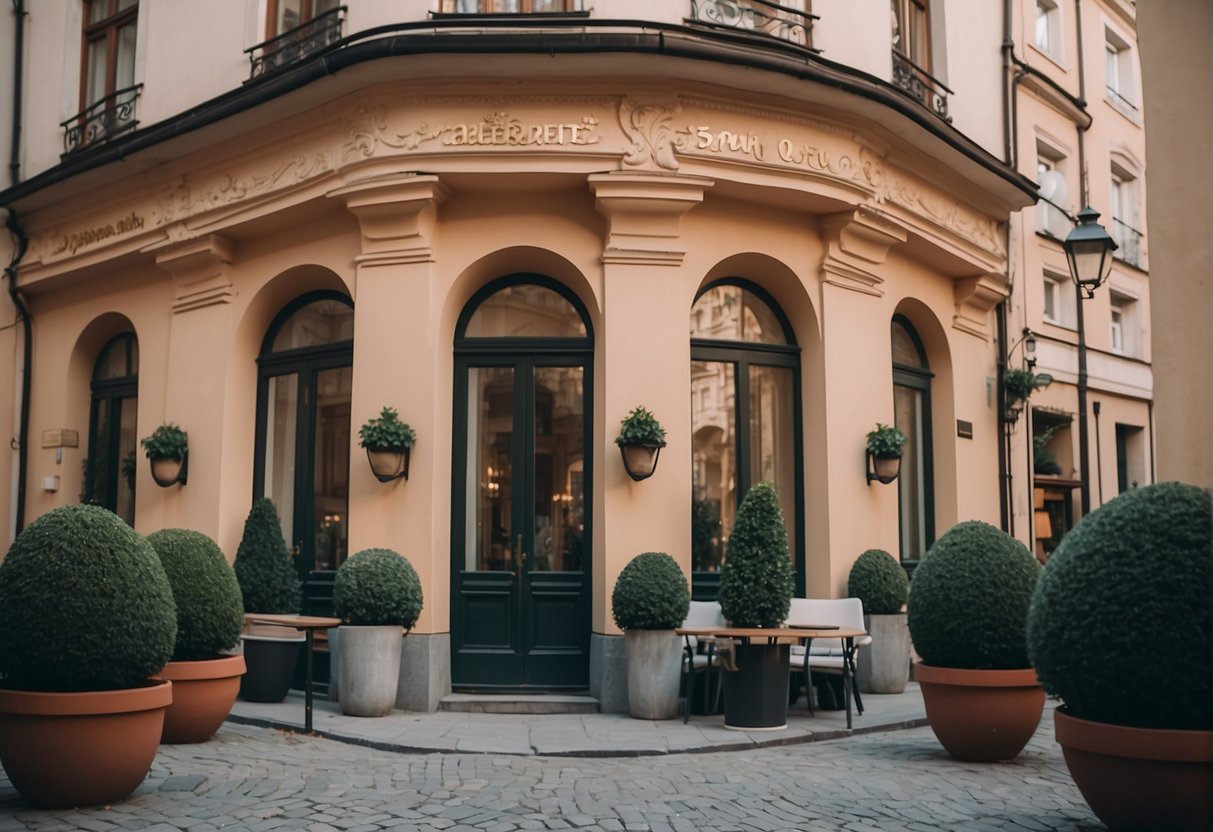 A charming boutique hotel in Warsaw, with ornate architecture and a cozy courtyard, surrounded by historic buildings and vibrant street life