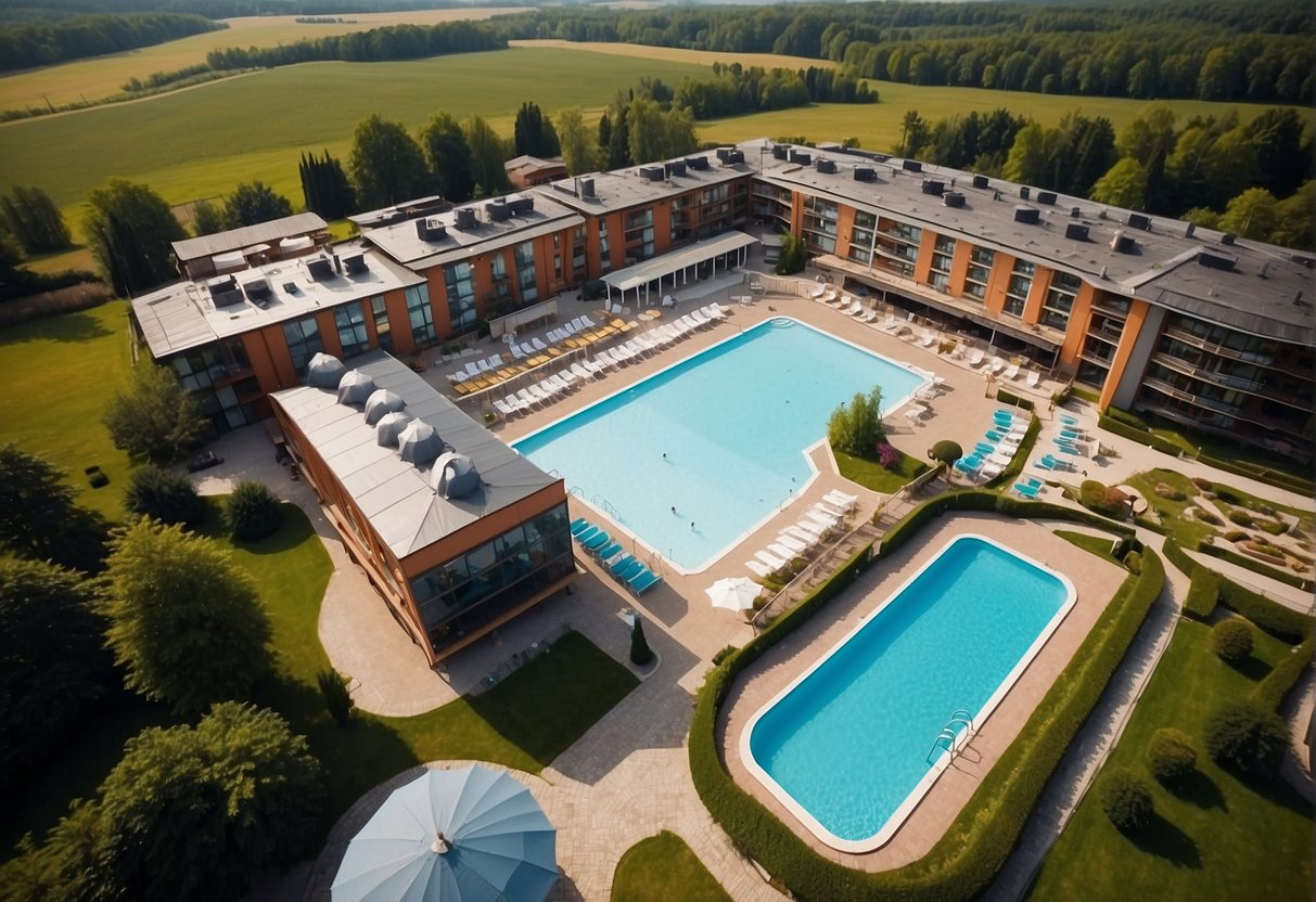 Aerial view of hotels with pool in Lower Silesia region, Poland