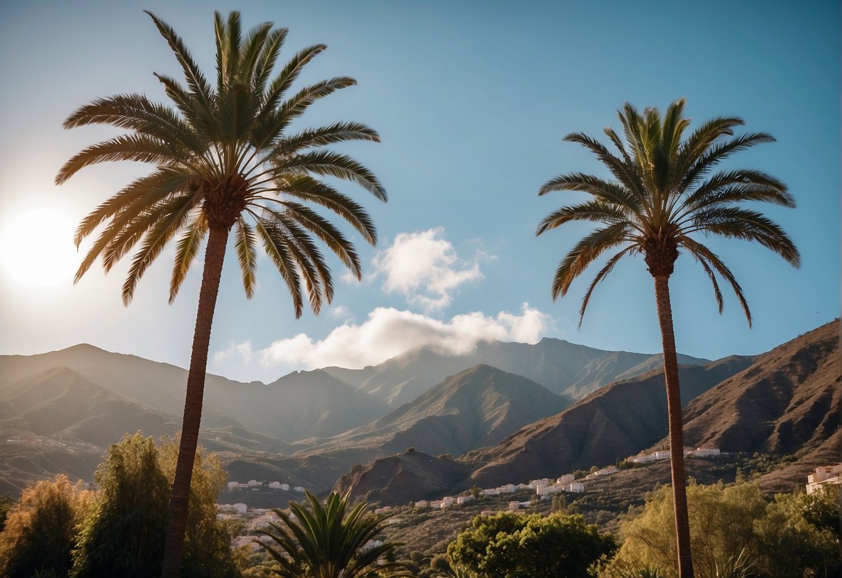 Sunny day in northern Tenerife, with clear blue skies and gentle breeze. Palm trees sway against a backdrop of mountains