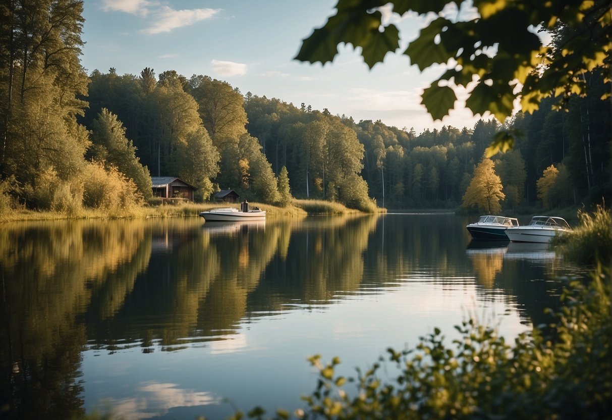 Crystal-clear lakes surrounded by lush greenery in the Mazury region, with boats and cottages dotting the landscape