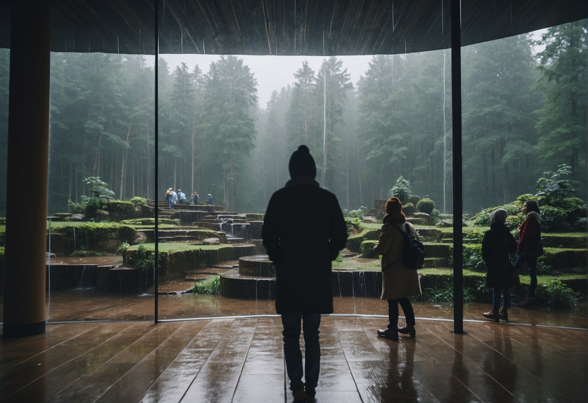 Visitors explore indoor cultural attractions on a rainy day in Mazury, Poland