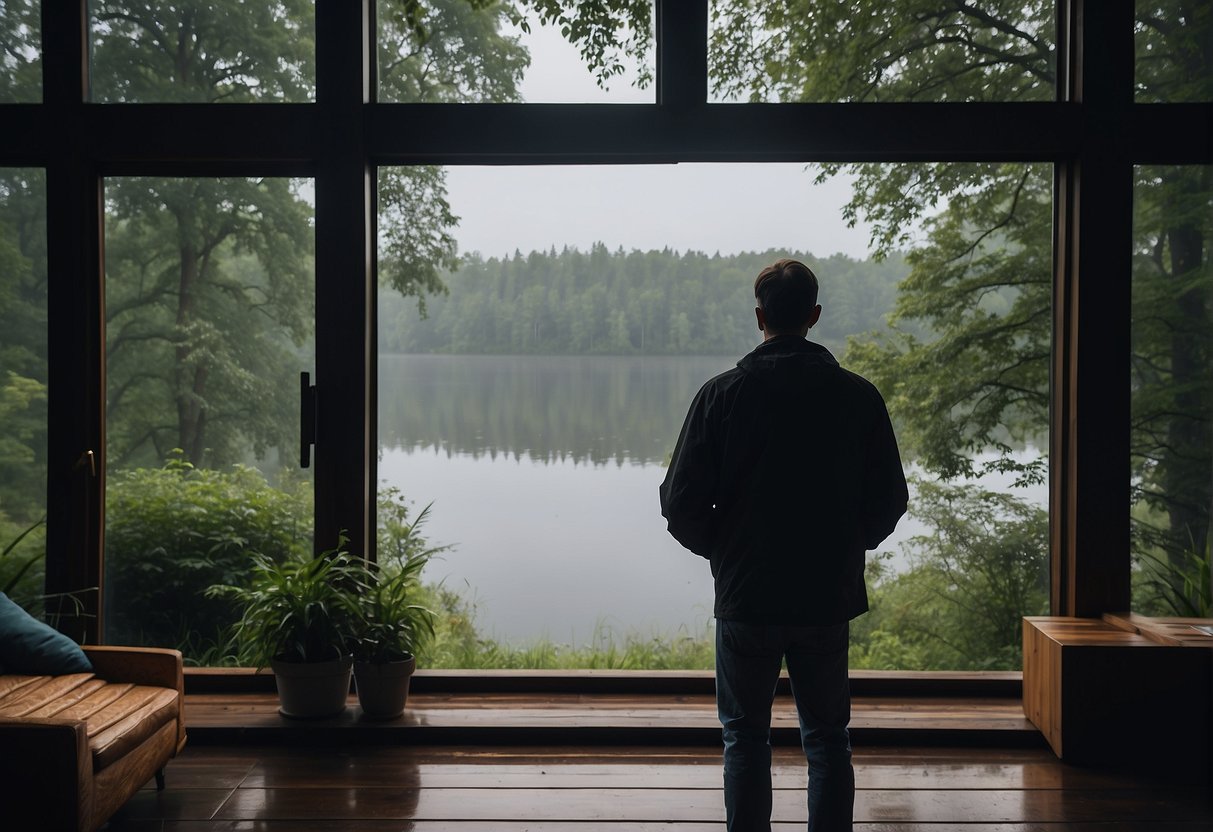 A rainy day in Mazury, with a person indoors, looking out at the misty lake and lush greenery