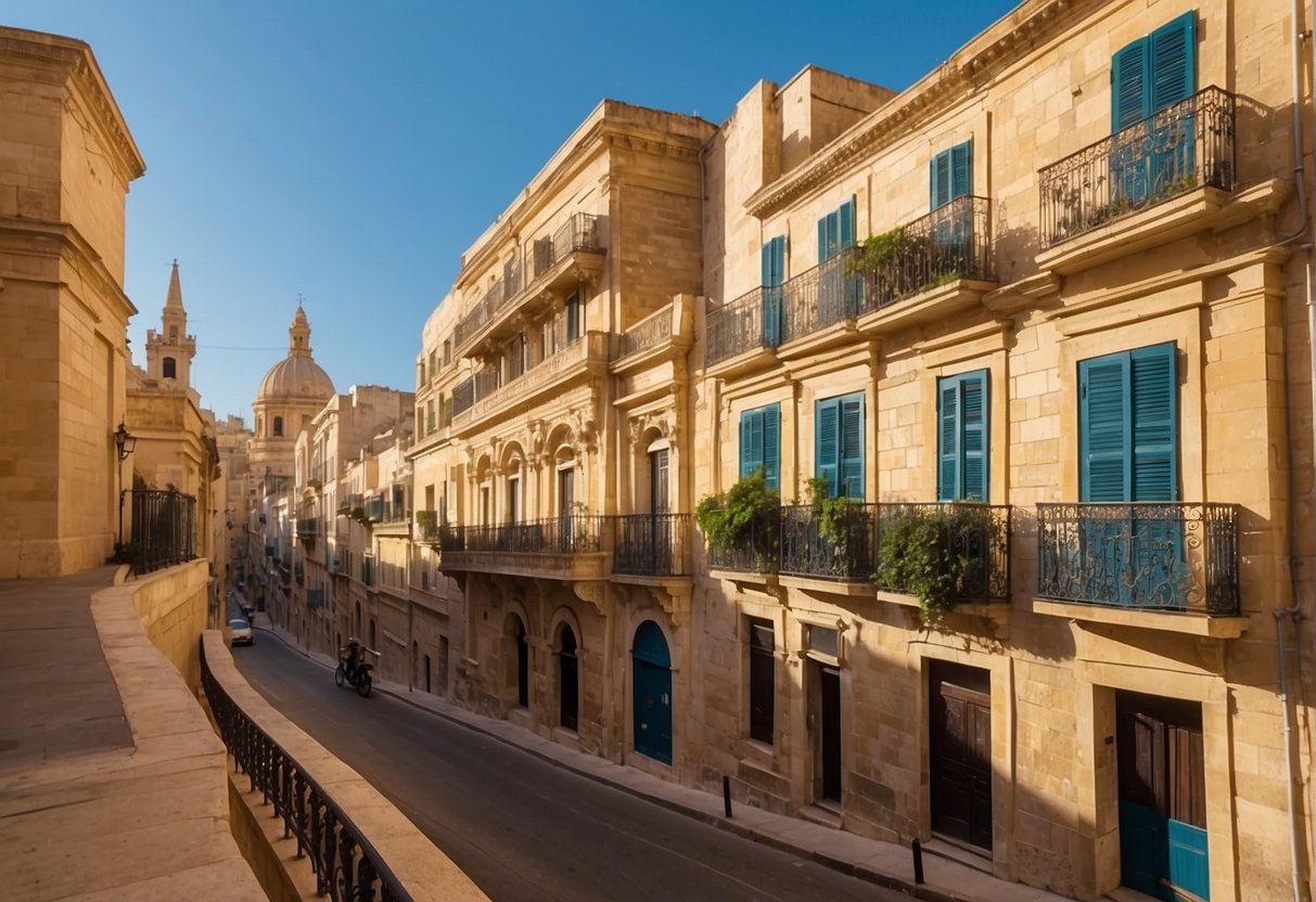 Valletta, Malta sightseeing plan: narrow cobblestone streets, colorful balconies, historic buildings, and a panoramic view of the Mediterranean Sea