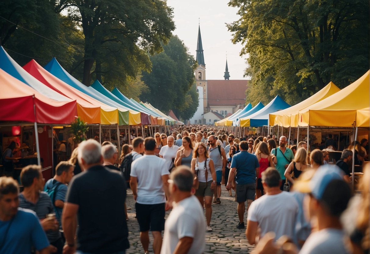 A vibrant festival in Giżycko, with colorful stalls and lively music, surrounded by beautiful natural landscapes and historic architecture