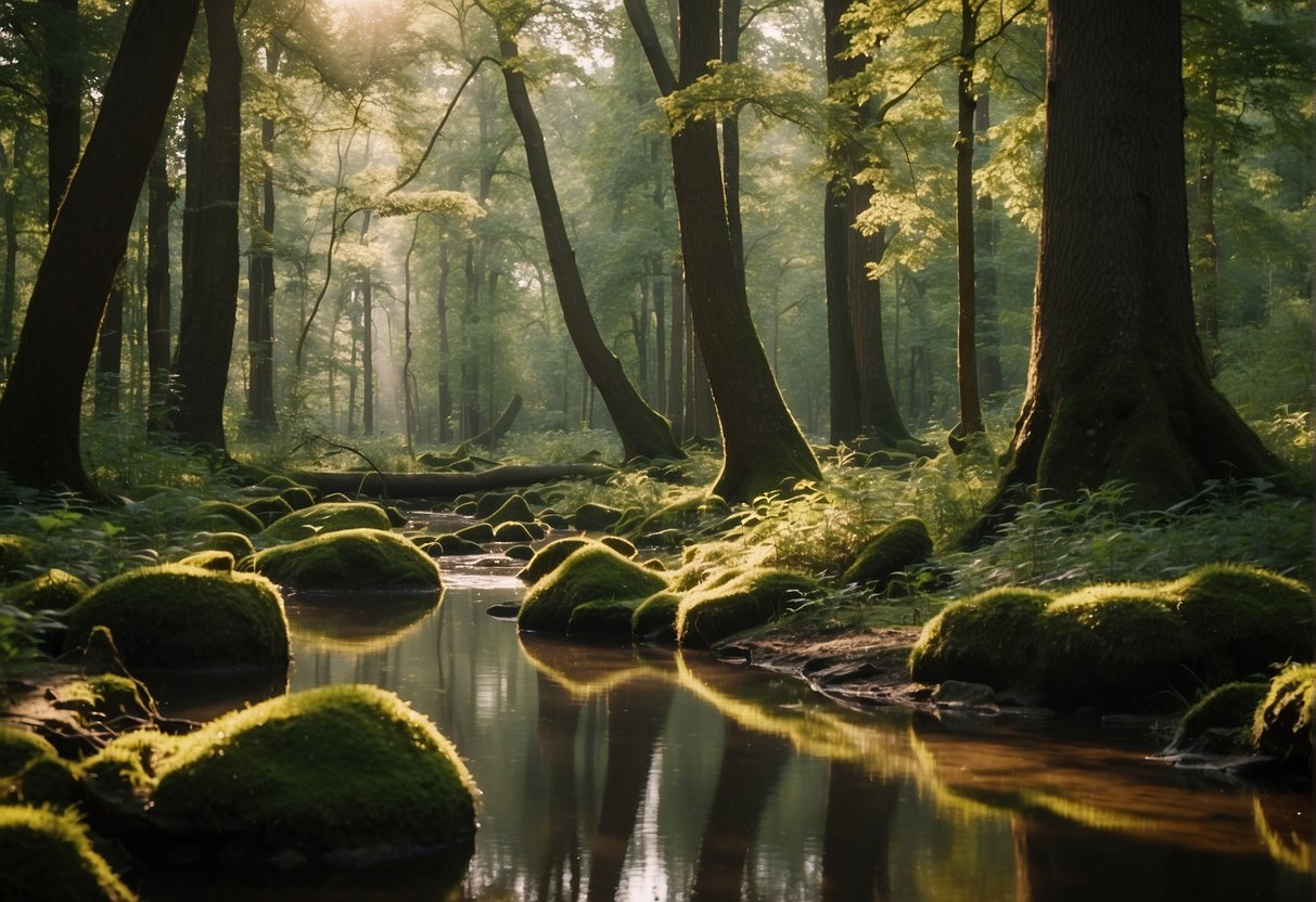 Lush Białowieża National Park in Podlasie, Poland. Ancient trees, diverse wildlife, and tranquil streams