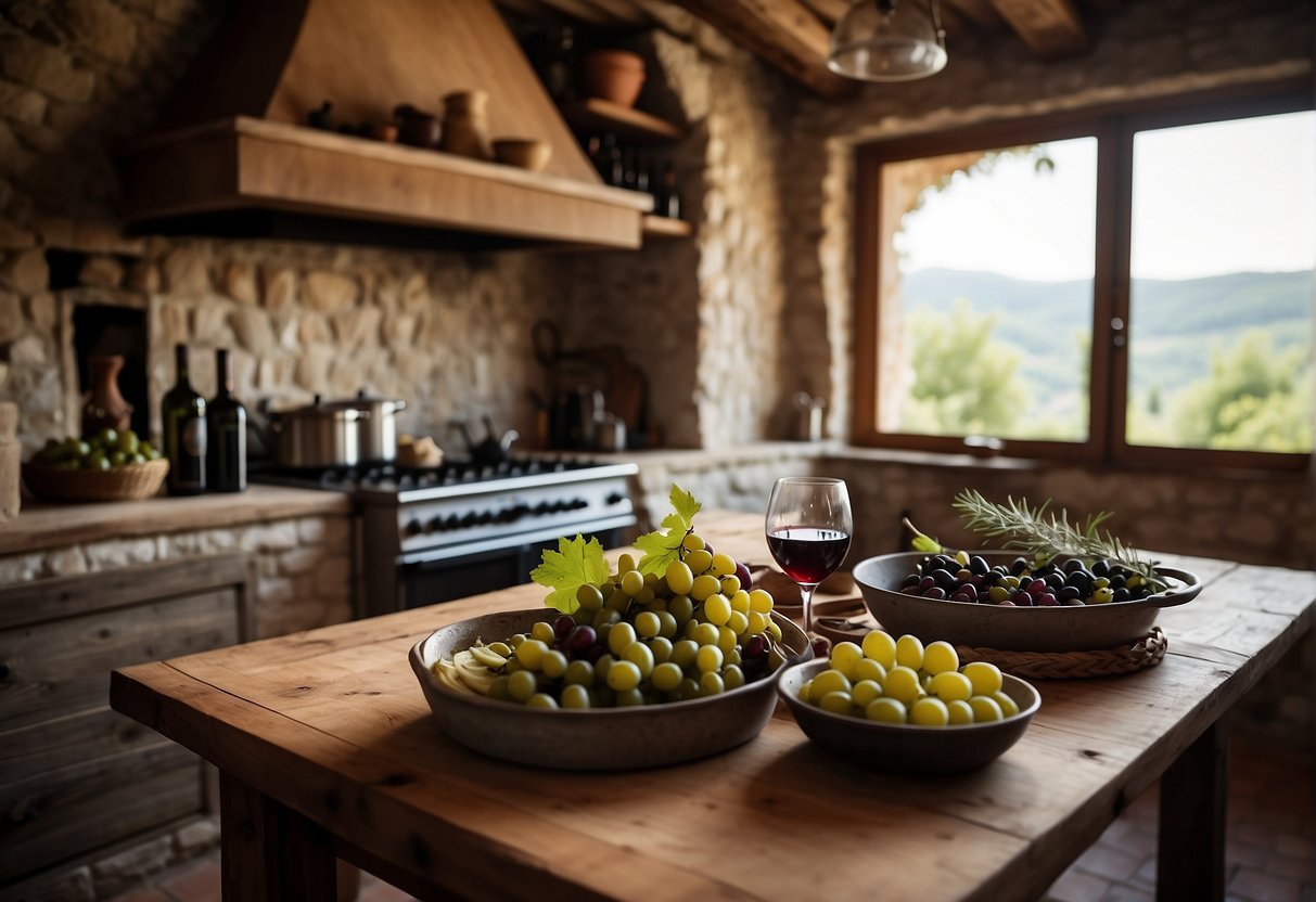 A rustic kitchen filled with hanging pots and pans, surrounded by vineyards and olive groves in Istria, with a bottle of wine and a platter of local delicacies on the table