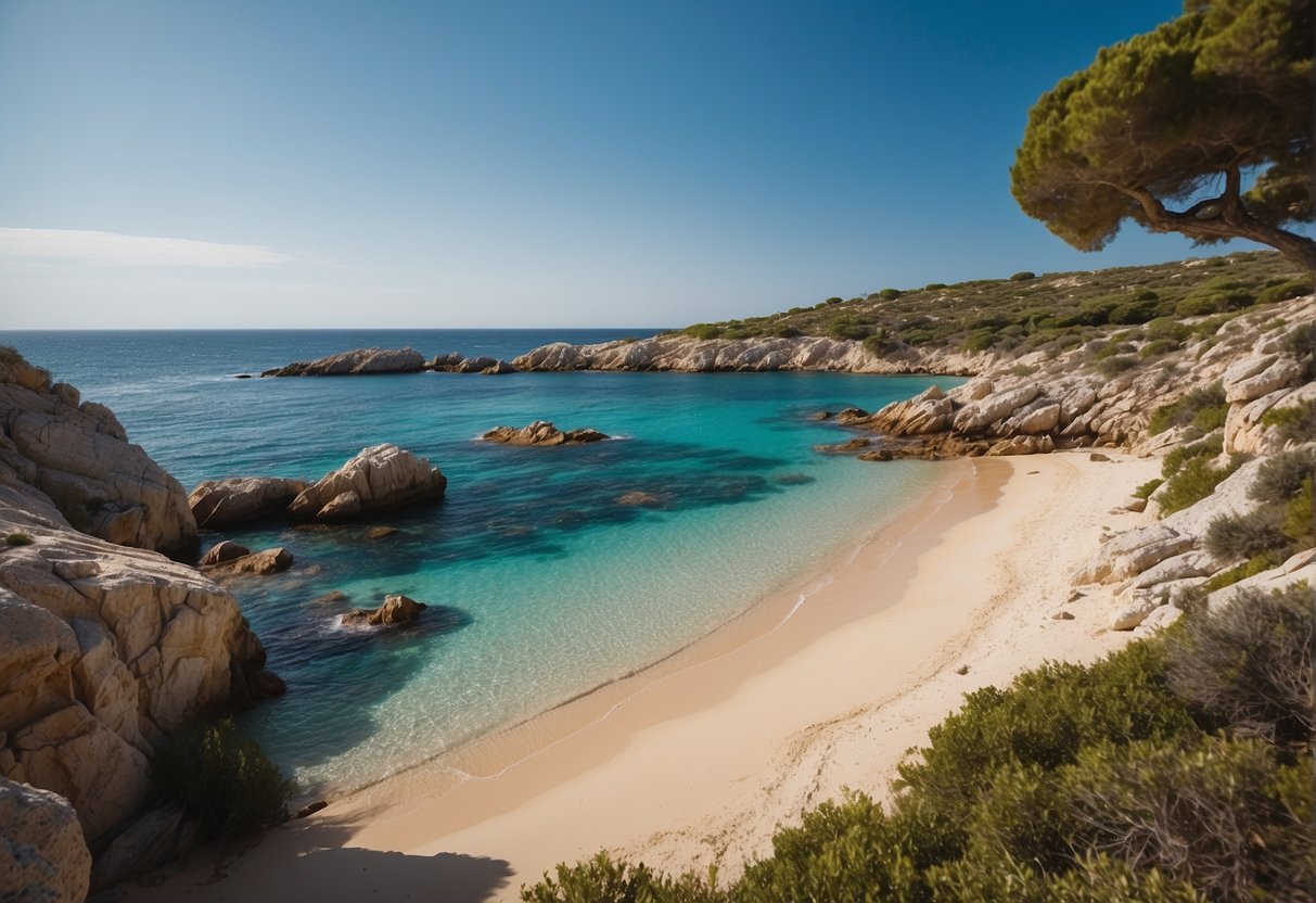 Northern Sardinia's beaches: crystal-clear waters, white sand, rocky cliffs, and lush Mediterranean vegetation