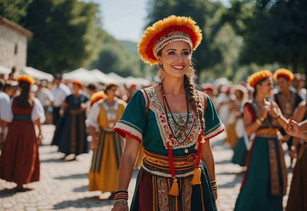A colorful cultural festival with music, dance, and art exhibits in Istria, featuring traditional costumes and lively performances