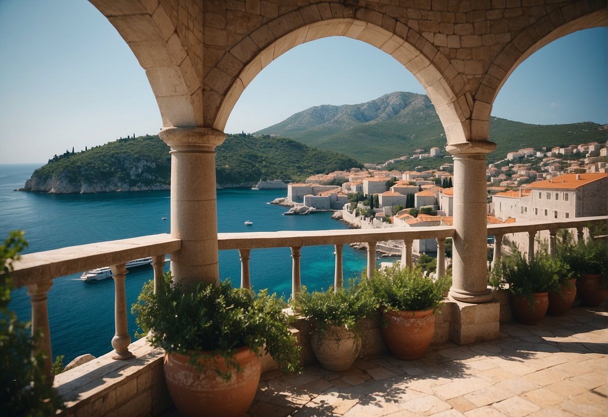 A scenic view of Dubrovnik's hotels and coastline, with clear blue waters and lush greenery