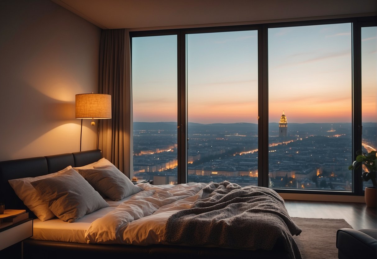 A cozy room in Vienna with a view of the city lights and a comfortable bed