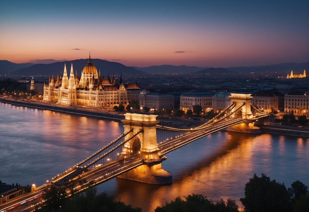 Budapest skyline at dusk, with the iconic Chain Bridge and Parliament building illuminated against a colorful sky