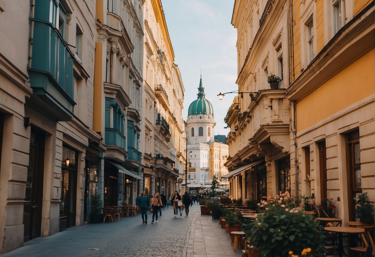 A bustling city street in Budapest with colorful buildings, outdoor cafes, and tourists exploring the historic architecture