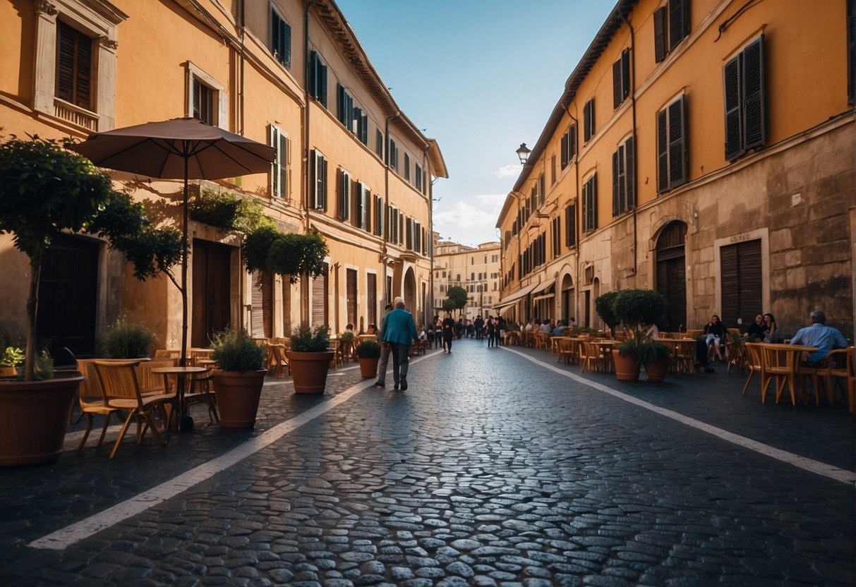 A bustling street in Rome with colorful, budget-friendly hotels and charming cobblestone alleys