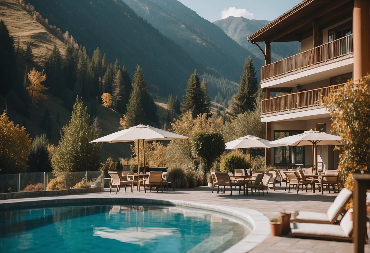 A hotel in the Sowie Mountains with a pool surrounded by the beautiful mountain landscape