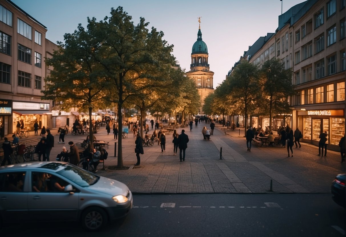 A cityscape of Berlin's diverse neighborhoods, showcasing affordable lodging options and bustling nightlife