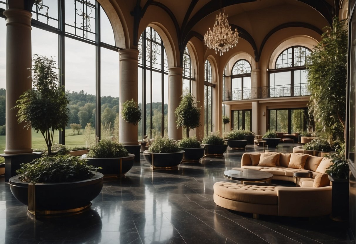 A luxurious 5-star hotel in the Lower Silesian region, with elegant architecture, lush gardens, and a grand entrance