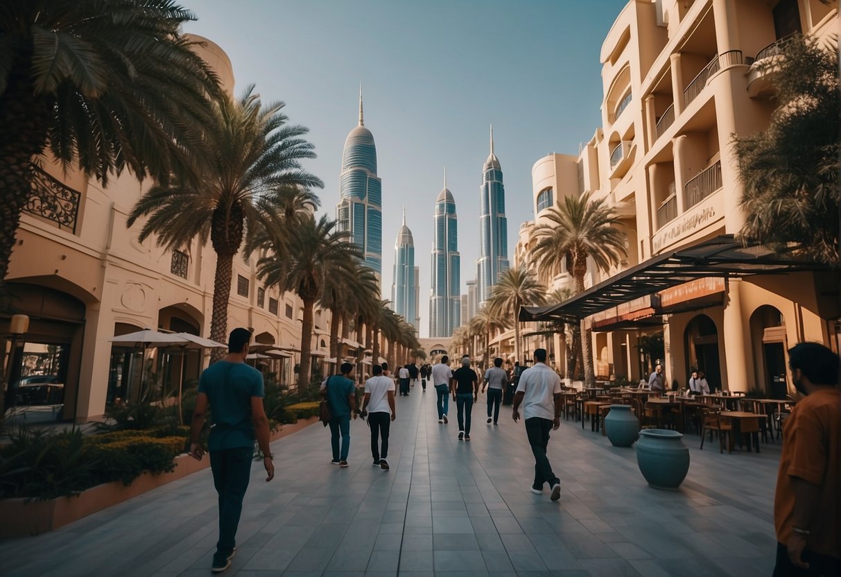 A bustling street in Dubai with colorful signs and buildings, a variety of hotels and hostels, and people walking around searching for affordable accommodations