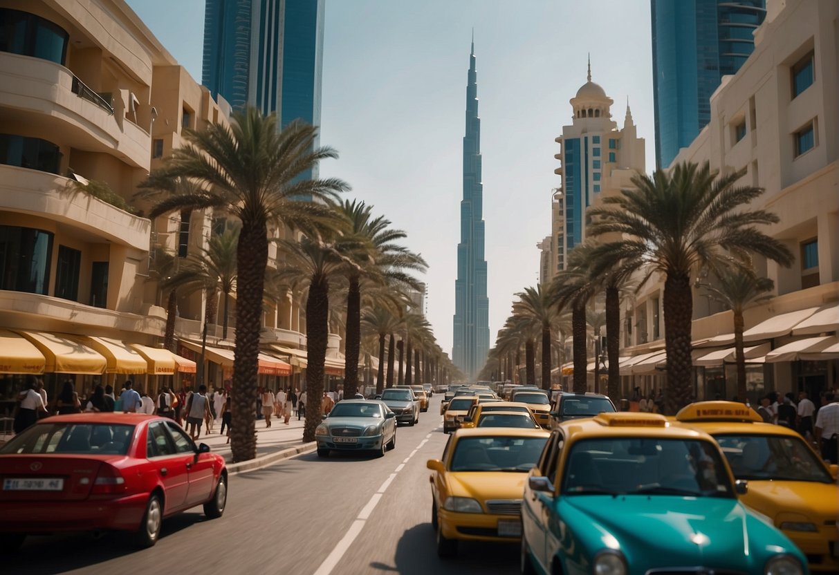 A bustling street in Dubai with colorful signs advertising budget accommodations. Tall buildings and palm trees line the road, with taxis and pedestrians passing by