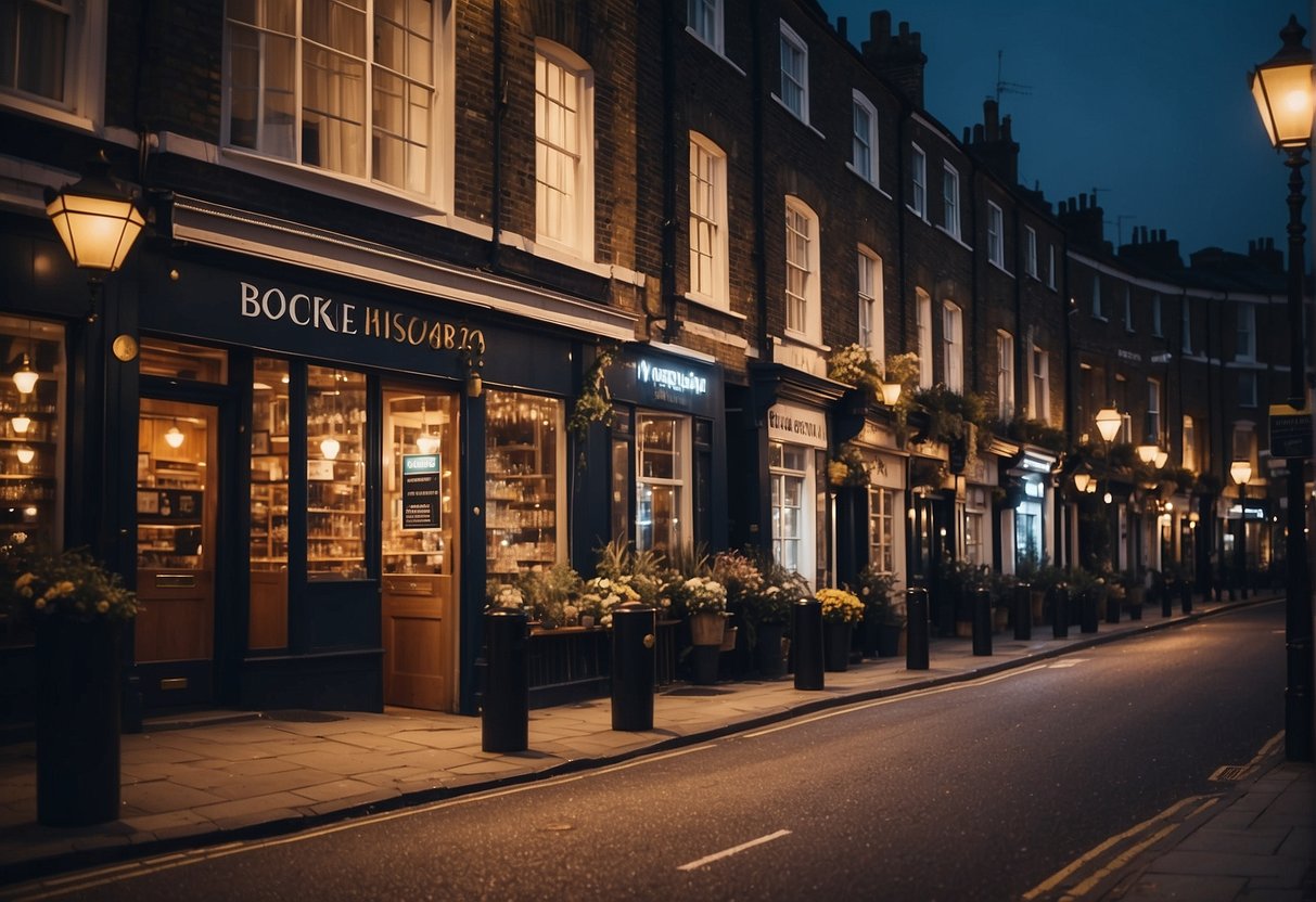 A cozy London street at night with illuminated signs pointing to local accommodations
