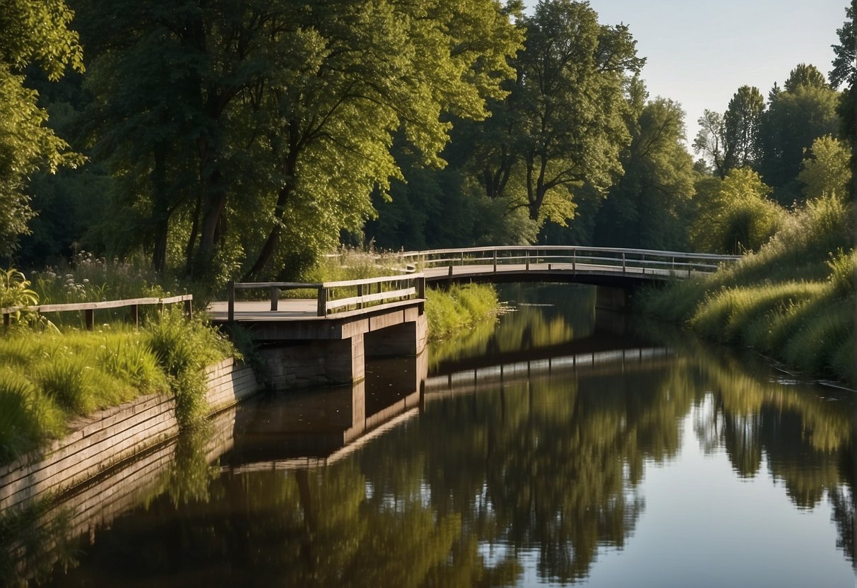 A tranquil scene of the Augustowski Canal near Augustow, with lush greenery, a winding waterway, and a picturesque bridge