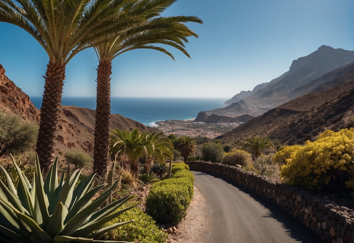 A vibrant scene of southern Tenerife with sunny weather, lush landscapes, and various attractions