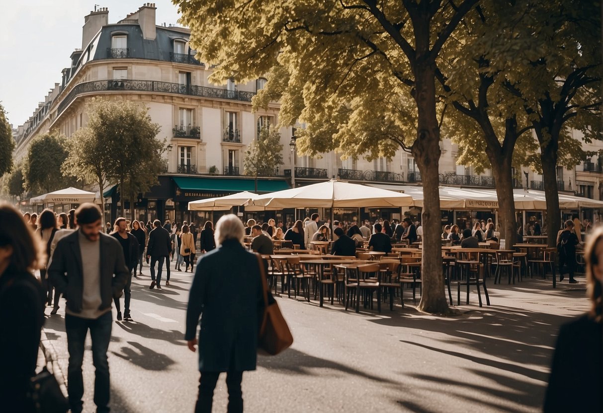 The bustling streets of Paris on a weekend, filled with historic landmarks, lively cafes, and vibrant street performers