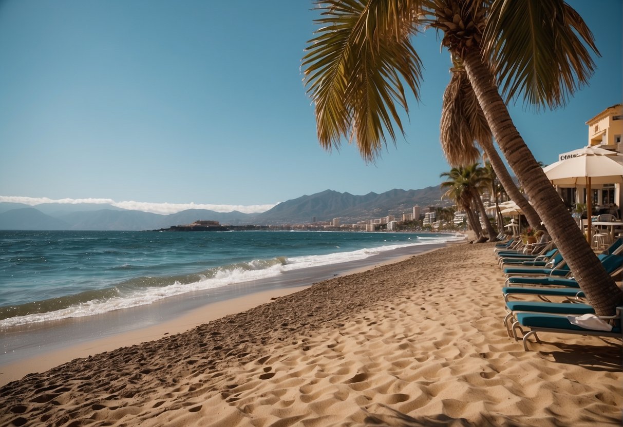 The scene is a sunny beach in Puerto de la Cruz, with golden sand, clear blue water, and palm trees swaying in the breeze
