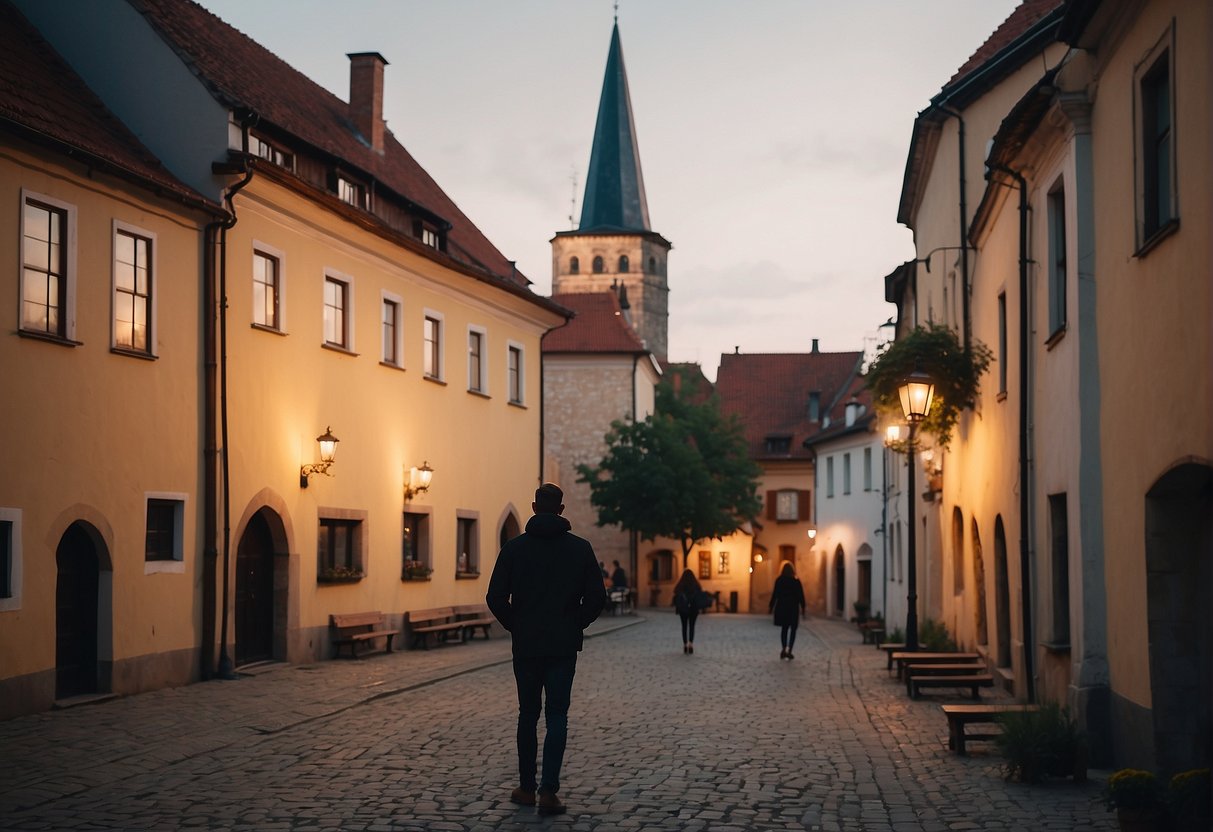 A couple enjoys a romantic weekend in Sandomierz, strolling along the cobblestone streets, admiring the medieval architecture, and savoring a candlelit dinner overlooking the Vistula River