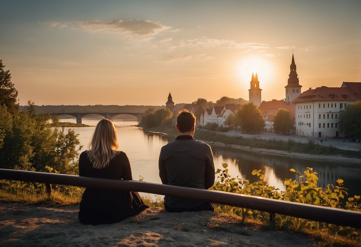 A couple sits by the Vistula River, overlooking the charming town of Sandomierz. The sun sets behind the historic buildings as they plan their romantic weekend together