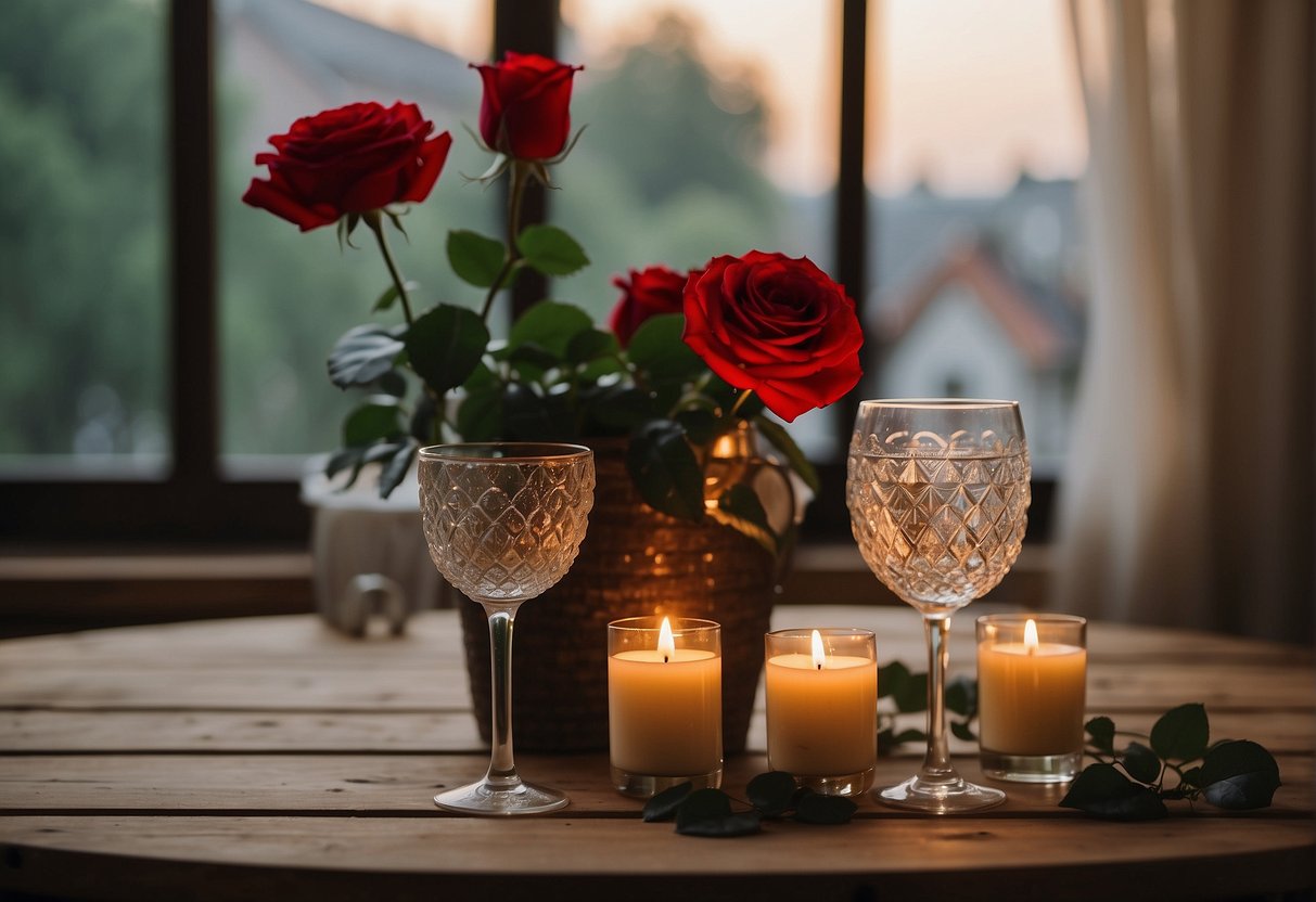 A cozy, candlelit room with a view of the historic streets of Sandomierz. A bottle of wine, two glasses, and a bouquet of red roses on the table